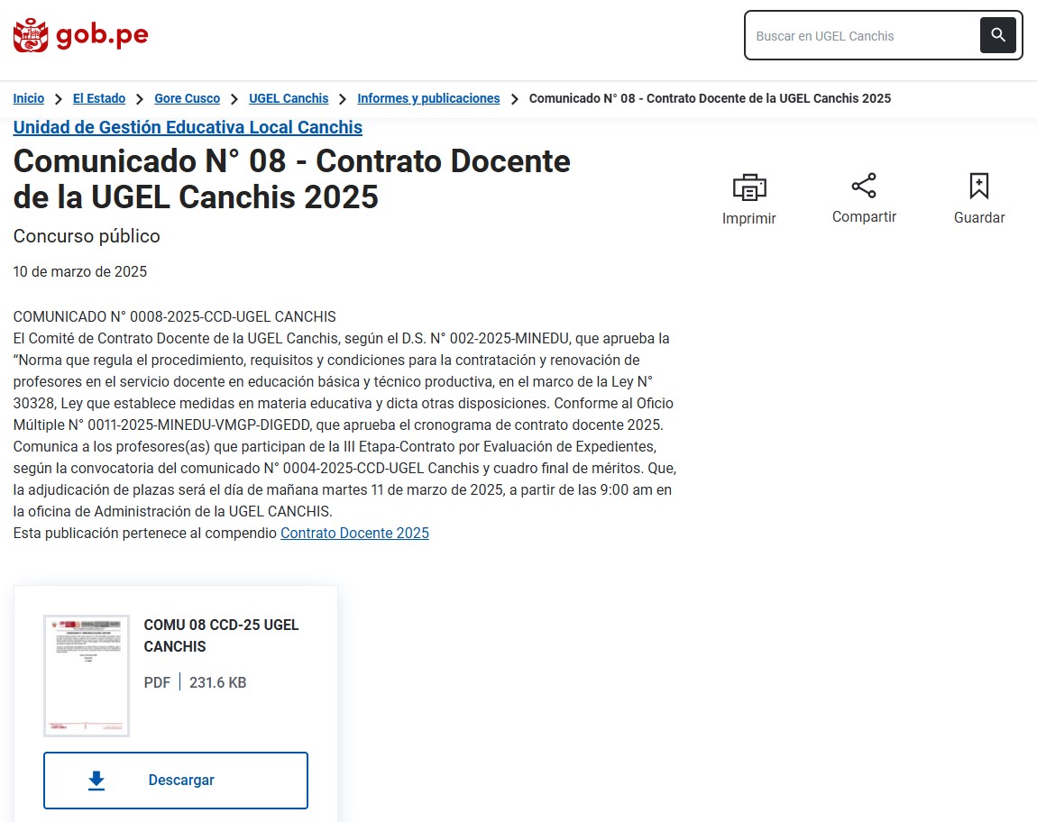 Comunicado N° 08 - Contrato Docente de la UGEL Canchis 2025